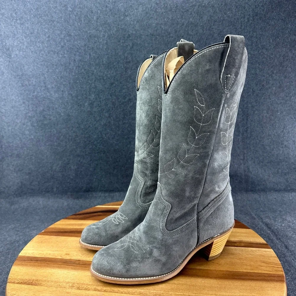 Vtg 80s Wolverine Grey Suede Western Cowgirl Boots Womens Sz 7 Leaf #1956 - Picture 4 of 14